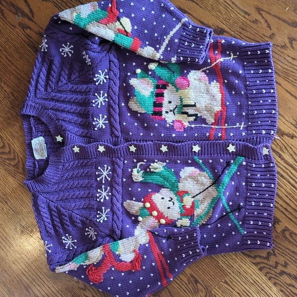 Vtg Hand Knit Ski bunnies Chunky Purple Cotton Novelty Cardigan Sweater Sz M - Picture 6 of 14